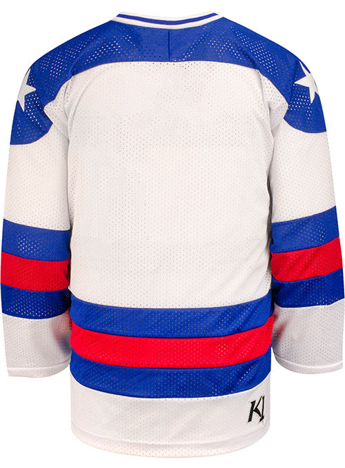 USA Hockey Miracle on Ice 1980 Replica Home Jersey in White and Blue - Back View