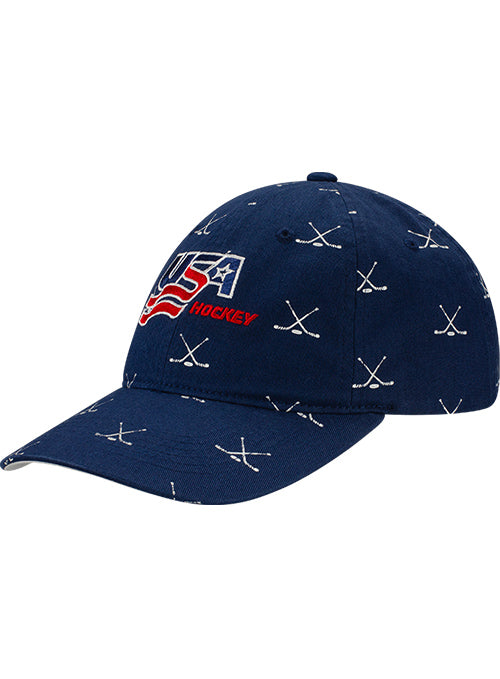 Ladies USA Hockey Cross Sticks Pattern Adjustable Hat - Front View