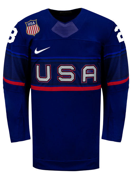 Nike USA Hockey Hannah Bilka Away 2022 Olympic Jersey in Blue - Front View