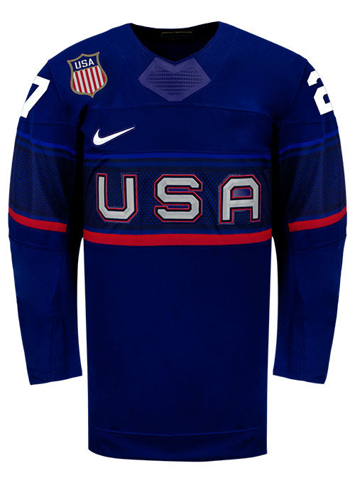 Nike USA Hockey Taylor Heise Away 2022 Olympic Jersey in Navy - Front View