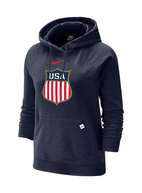 Ladies Nike USA Hockey Olympic Varsity Fleece Hooded Sweatshirt in Navy - Front View