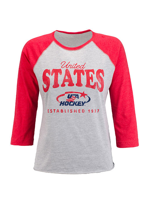 Ladies USA Hockey Arc & Star Logo 3/4 Sleeve Raglan T-Shirt in Gray and Red - Front View