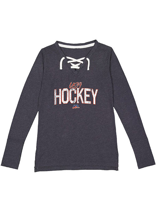 Ladies USA Hockey Lace-Up Long Sleeve T-Shirt in Gray - Front View