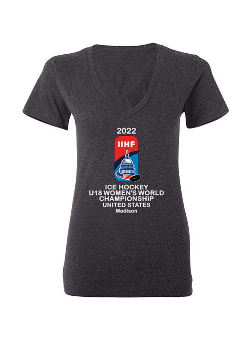 Ladies 2022 IIHF U18 Women's World Championship V-Neck T-Shirt - Dark Grey Heather - Front View