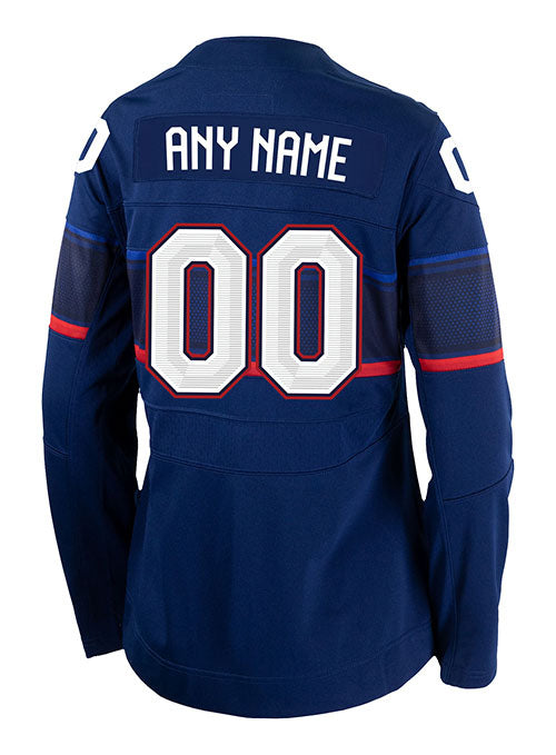 Ladies Nike USA Hockey Away 2022 Olympic Personalized Jersey in Navy - Back View