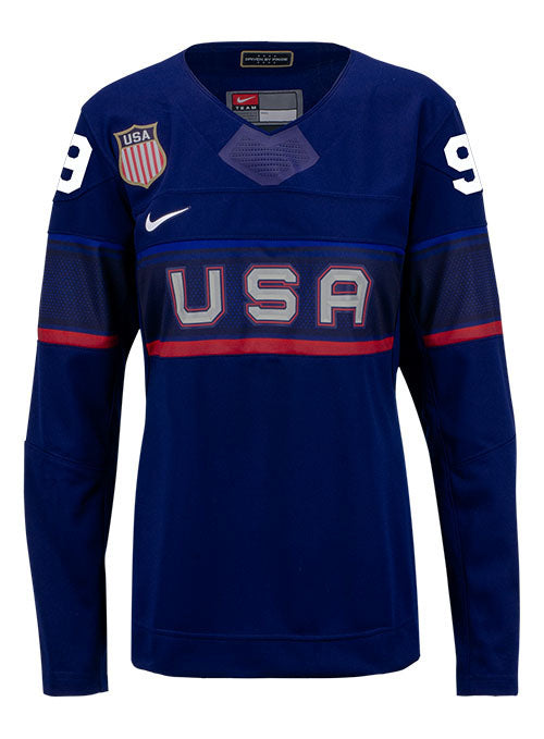 Ladies Nike USA Hockey Megan Bozek Away 2022 Olympic Jersey in Navy - Front View