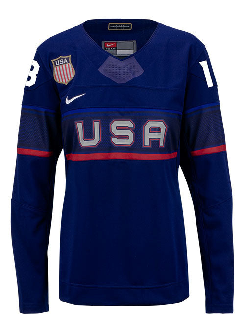 Ladies Nike USA Hockey Jesse Compher Away 2022 Olympic Jersey in Navy - Front View