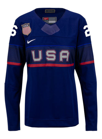 Ladies Nike USA Hockey Kendall Coyne Away 2022 Olympic Jersey in Navy - Front View