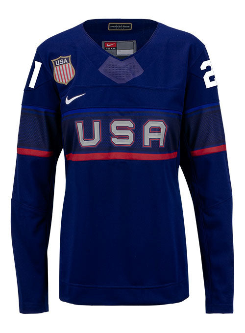 Ladies Nike USA Hockey Hilary Knight Away 2022 Olympic Jersey in Navy - Front View