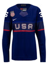 Ladies Nike USA Hockey Maddie Rooney Away 2022 Olympic Jersey in Navy - Front View