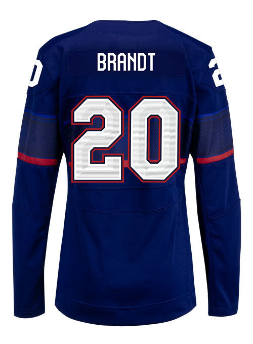 Ladies Nike USA Hockey Hannah Brandt Away 2022 Olympic Jersey in Navy - Back View