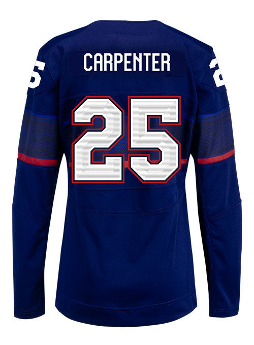 Ladies Nike USA Hockey Alex Carpenter Away 2022 Olympic Jersey in Navy - Back View