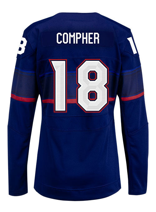 Ladies Nike USA Hockey Jesse Compher Away 2022 Olympic Jersey in Navy - Back View