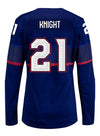Ladies Nike USA Hockey Hilary Knight Away 2022 Olympic Jersey in Navy - Back View
