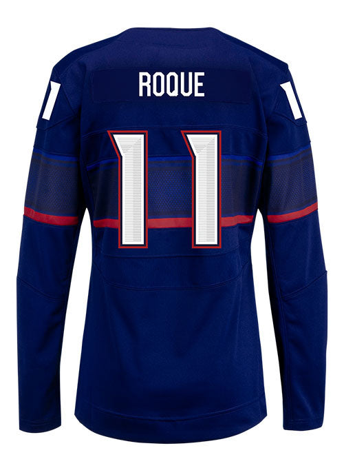 Ladies Nike USA Hockey Abby Roque Away 2022 Olympic Jersey in Navy - Back View