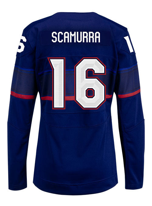 Ladies Nike USA Hockey Hayley Scamurra Away 2022 Olympic Jersey in Navy - Back View