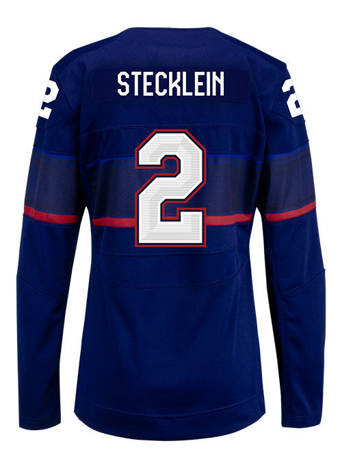 Ladies Nike USA Hockey Lee Stecklein Away 2022 Olympic Jersey in Navy - Back View