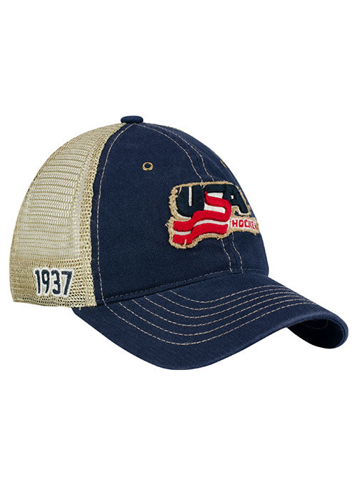 USA Hockey Tattered Patch Unstructured Snapback Hat in Blue - Front/Side View