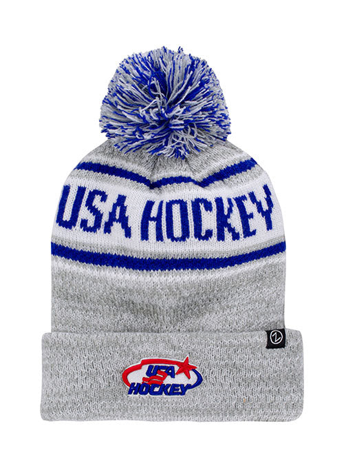 USA Hockey Bode Fleece-Lined Knit Beanie in Grey and Blue - Front View