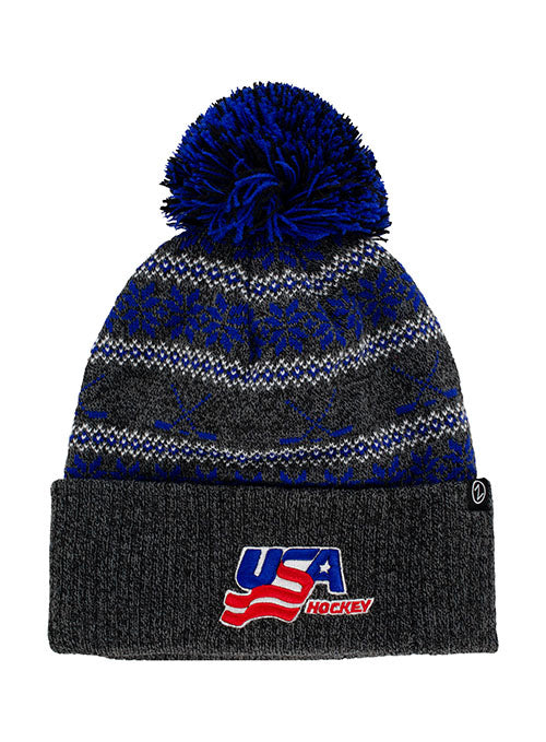 USA Hockey Carousel Knit Beanie in Grey and Blue - Front View