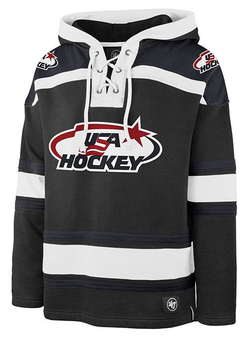 47 Brand USA Hockey Superior Lacer Hooded Sweatshirt in Black and White - Front View