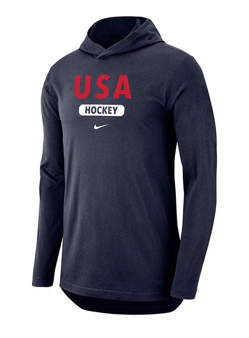 Nike USA Hockey Dri-FIT Cotton Long Sleeve Hoodie T-Shirt - Navy - Front View