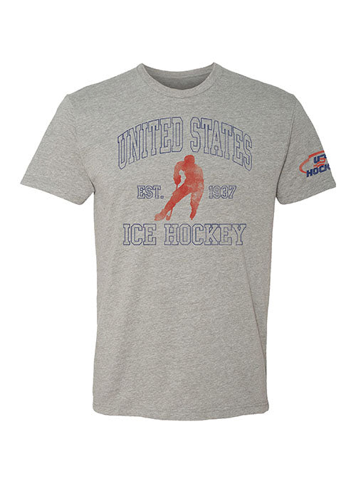 USA Hockey Vintage Ice Hockey T-Shirt - Heather Grey - Front View