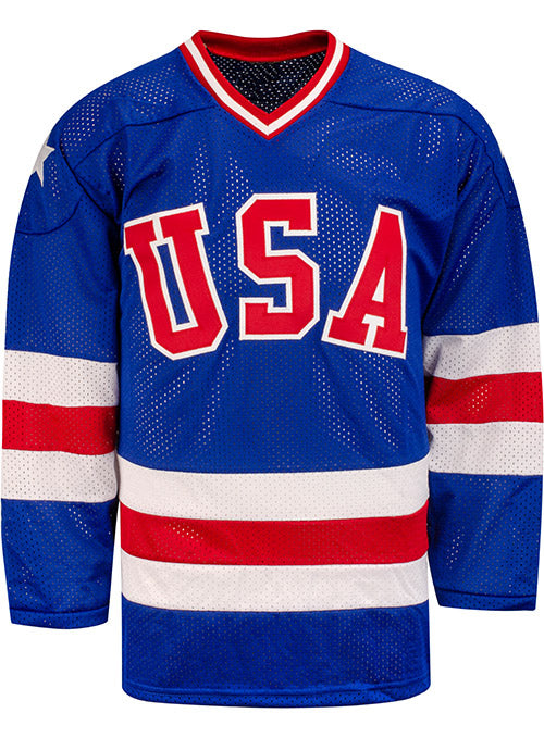 USA Hockey Miracle on Ice 1980 Replica Away Jersey in Blue - Front View