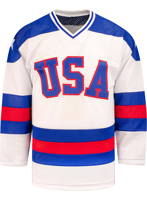 USA Hockey Miracle on Ice 1980 Replica Home Jersey in White and Blue - Front View