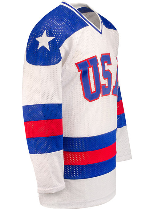 USA Hockey Miracle on Ice 1980 Replica Home Jersey in White and Blue - Right View