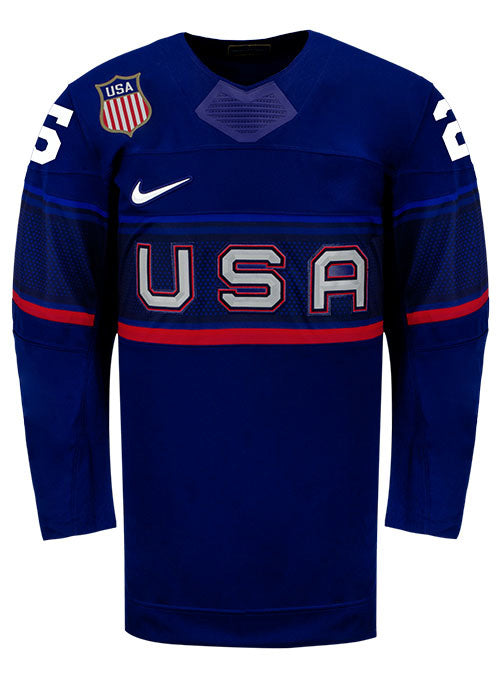 Nike USA Hockey Alex Carpenter Away 2022 Olympic Jersey in Navy - Front View