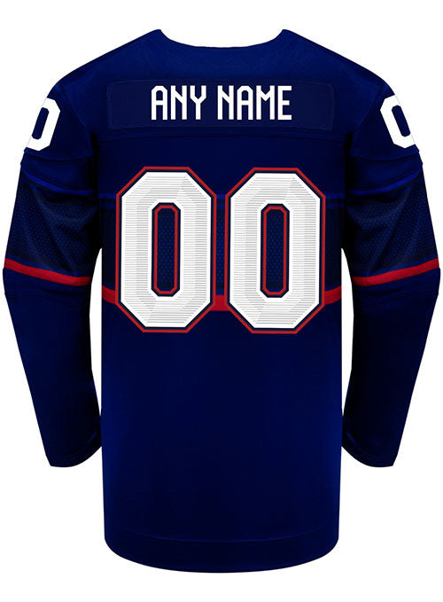 Nike USA Hockey Away 2022 Olympic Personalized Jersey in Navy - Back View