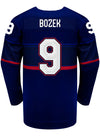 Nike USA Hockey Megan Bozek Away 2022 Olympic Jersey in Blue - Back View