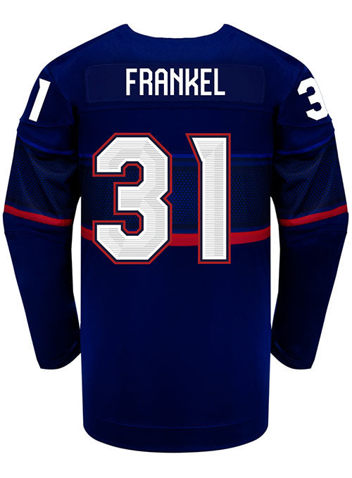 Nike USA Hockey Aerin Frankel Away 2022 Olympic Jersey in Blue - Back View