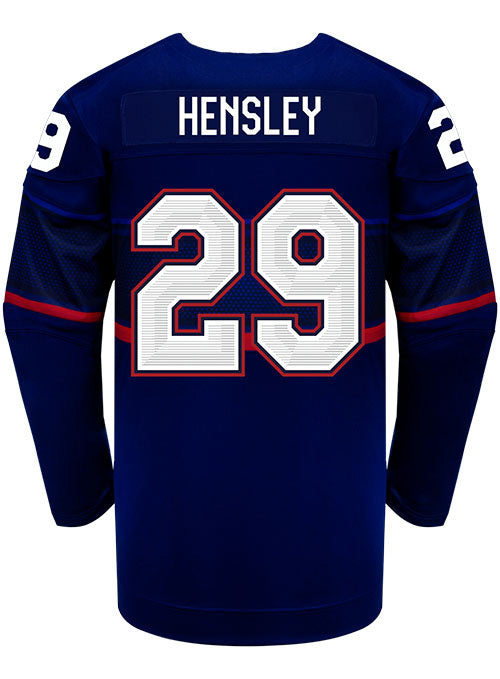 Nike USA Hockey Nicole Hensley Away 2022 Olympic Jersey in Blue - Back View