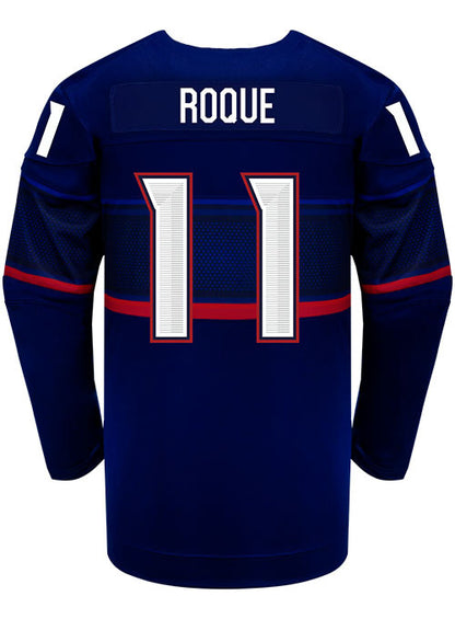 Nike USA Hockey Abby Roque Away 2022 Olympic Jersey in Navy - Back View