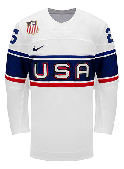 Nike USA Hockey Alex Carpenter Home 2022 Olympic Jersey in White - Front View
