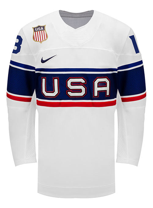 Nike USA Hockey Jesse Compher Home 2022 Olympic Jersey in White - Front View