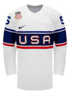 Nike USA Hockey Megan Keller Home 2022 Olympic Jersey in White - Front View