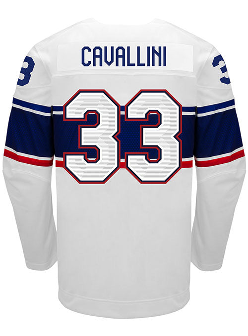 Nike USA Hockey Alex Cavallini Home 2022 Olympic Jersey in White - Back View