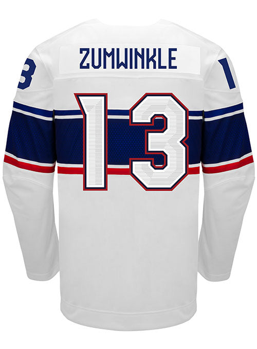 Nike USA Hockey Grace Zumwinkle Home 2022 Olympic Jersey in White - Back View