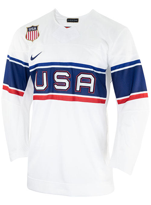 Nike USA Hockey Home 2022 Olympic Jersey in White - Front Left View