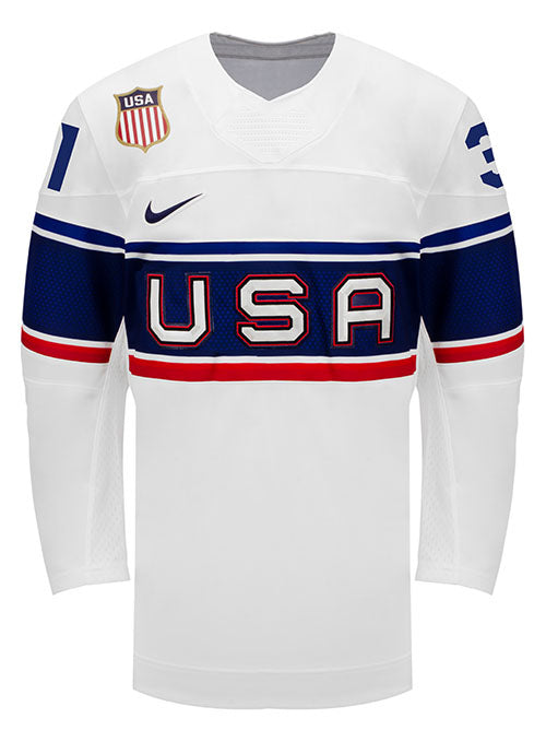 Nike USA Hockey Aerin Frankel Home 2022 Olympic Jersey in White - Front View