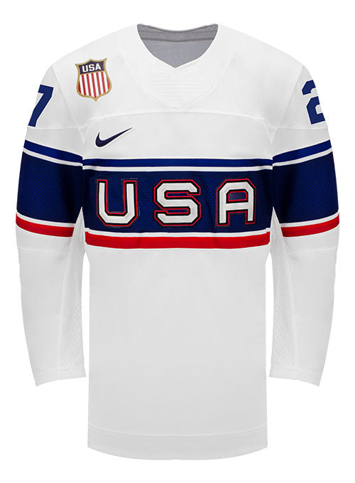 Nike USA Hockey Taylor Heise Home 2022 Olympic Jersey in White - Front View