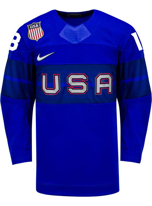 Nike USA Hockey Jesse Compher Alternate 2022 Olympic Jersey in Blue - Front View