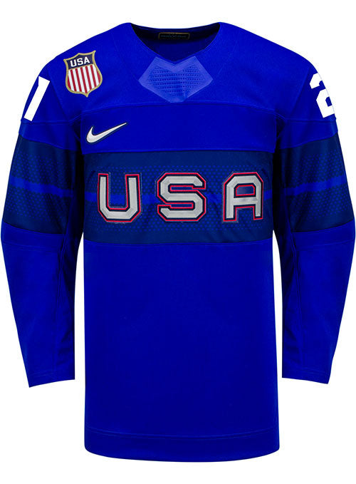 Nike USA Hockey Hilary Knight Alternate 2022 Olympic Jersey in Blue - Front View