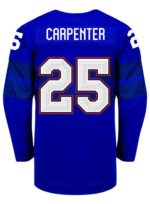 Nike USA Hockey Alex Carpenter Alternate 2022 Olympic Jersey in Blue - Back View
