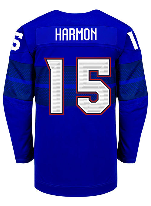 Nike USA Hockey Savannah Harmon Alternate 2022 Olympic Jersey in Blue - Back View