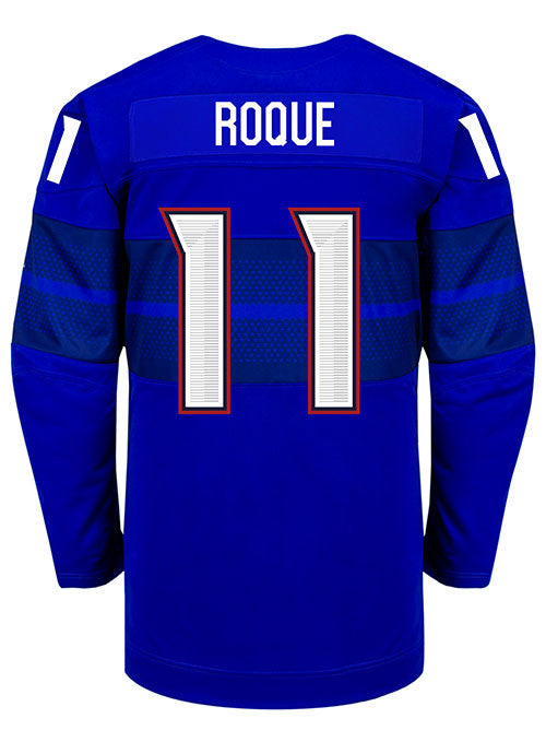 Nike USA Hockey Abby Roque Alternate 2022 Olympic Jersey in Blue - Back View