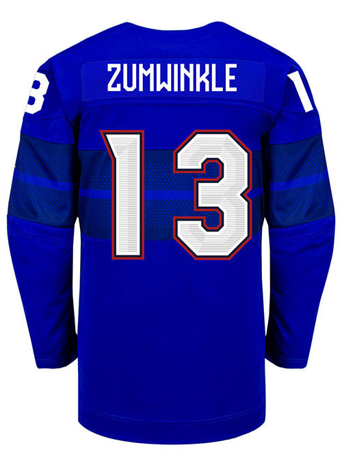 Nike USA Hockey Grace Zumwinkle Alternate 2022 Olympic Jersey in Blue - Back View